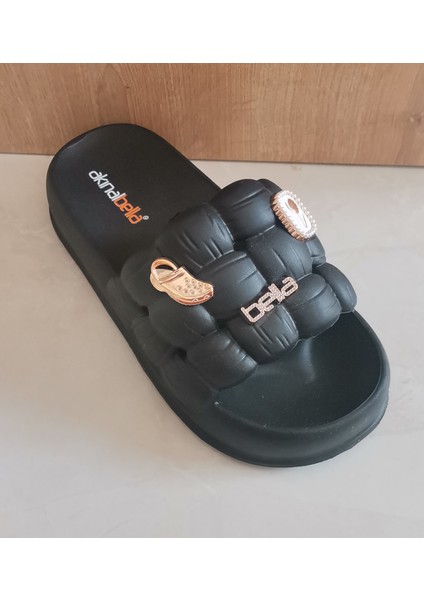 Akınal Bella Terlik Kadın Büzgü Model Taşlı Siyah