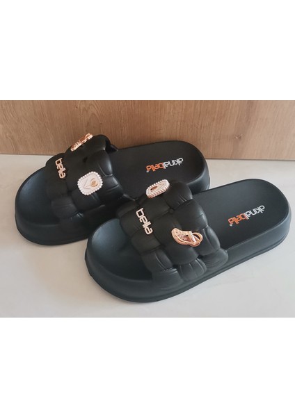 Akınal Bella Terlik Kadın Büzgü Model Taşlı Siyah modelleri