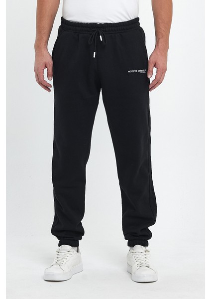 Erkek Siyah Regular Fit Beli Lastikli Note To Myself Baskılı Rahat Pamuklu Eşofman Altı RF0416