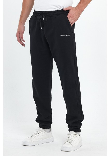 Erkek Siyah Regular Fit Beli Lastikli Note To Myself Baskılı Rahat Pamuklu Eşofman Altı RF0416