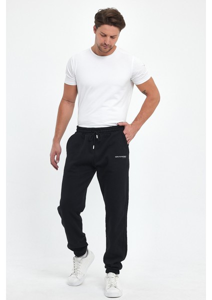 Erkek Siyah Regular Fit Beli Lastikli Note To Myself Baskılı Rahat Pamuklu Eşofman Altı RF0416
