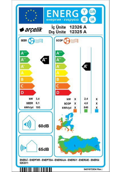 Ekolojik 12325 A 12000 Btu A++ Inverter Duvar Tipi Klima