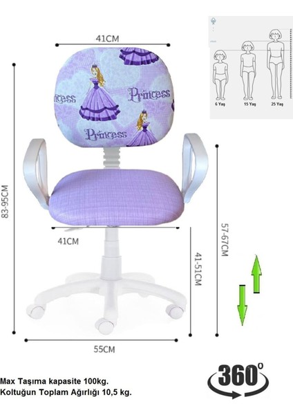 Çocuk Odası Ders Çalışma Ofis Koltuğu Öğrenci Sandalyesi Araba Prenses Tekerli Yükseklik Ayarı
