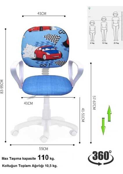 Çocuk Odası Ders Çalışma Ofis Koltuğu Öğrenci Sandalyesi Araba Desen Beyaz Tekerli Yükseklik Ayarı