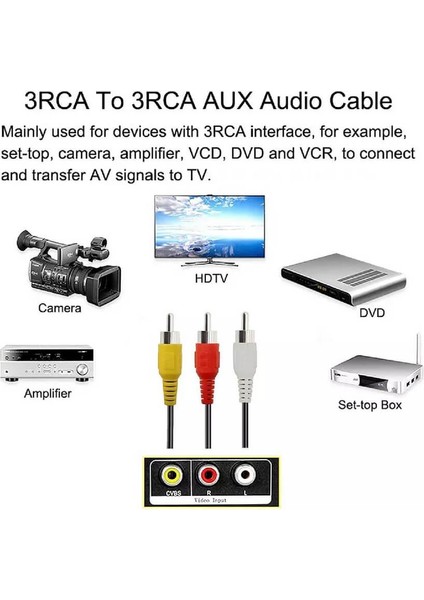 1.8 Metre 3rca To 3rca Kablo - Altın Uçlu , Kompozit Ses ve Video Aktarım Kablosu