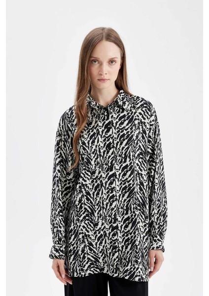 Relax Fit Zebra Desenli Uzun Kollu Gömlek Tunik Black