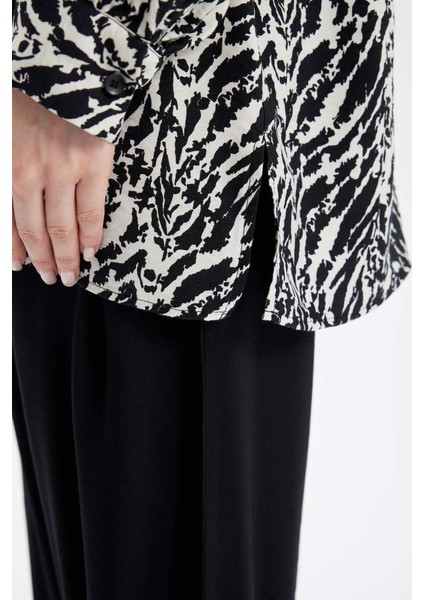 Relax Fit Zebra Desenli Uzun Kollu Gömlek Tunik Black