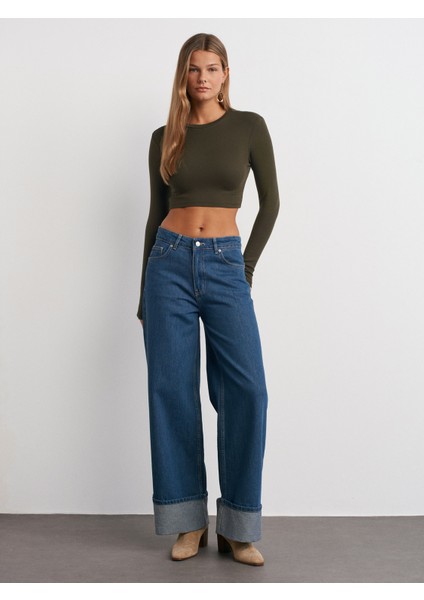 31236 Uzun Kollu Crop Top-Siyah