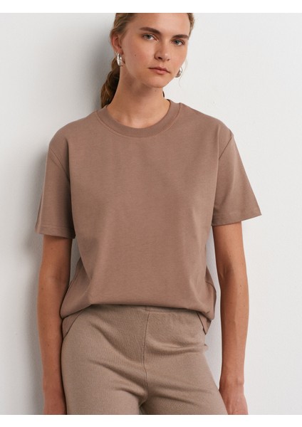 30312 Dekoratif Dikişli Bisiklet Yaka Tshirt-Vizon