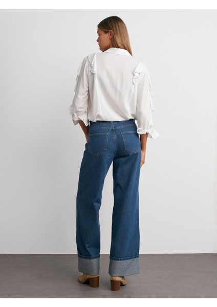 71726 Paçası Kıvrık Geniş Kesim Denim Pantolon-Mavi fiyatları