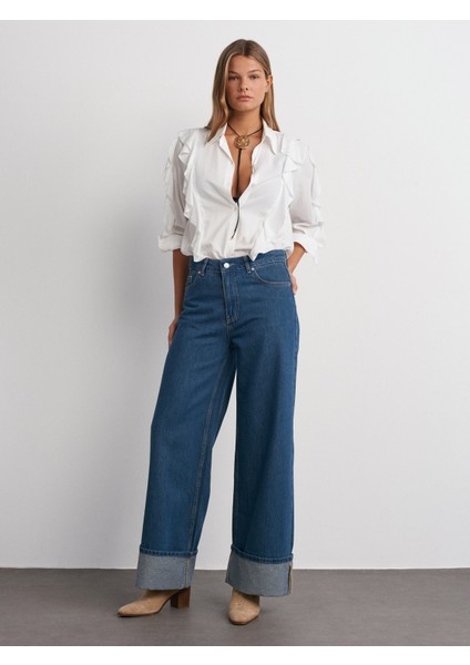 71726 Paçası Kıvrık Geniş Kesim Denim Pantolon-Mavi modelleri