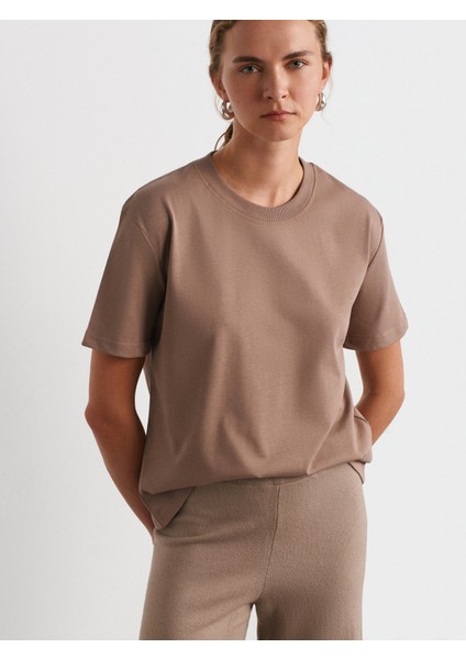 30312 Dekoratif Dikişli Bisiklet Yaka Tshirt-Vizon indirimleri