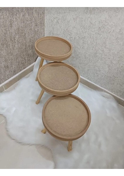 3 Lü Ahşap Ayaklı Çiçeklik Saksılık Çerçeveli Stand Dekoratif Yan Sehpa 25 Cm