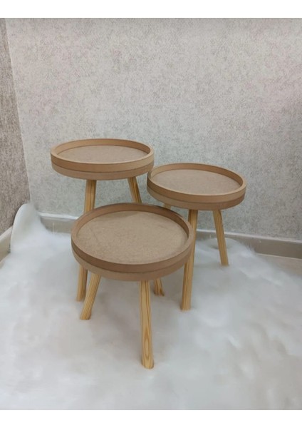 3 Lü Ahşap Ayaklı Çiçeklik Saksılık Çerçeveli Stand Dekoratif Yan Sehpa 25 Cm