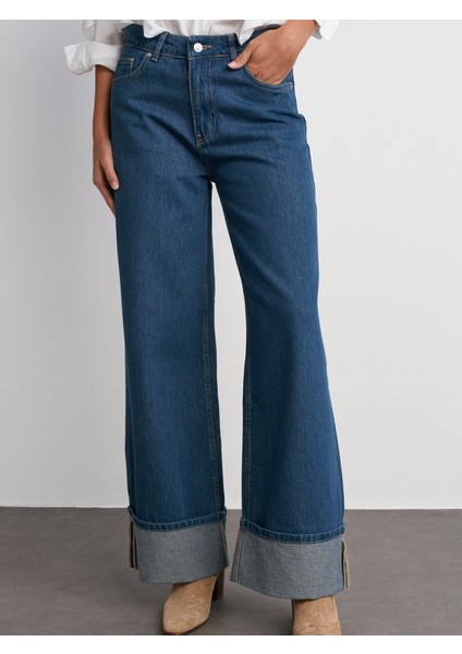 71726 Paçası Kıvrık Geniş Kesim Denim Pantolon-Mavi fırsatları