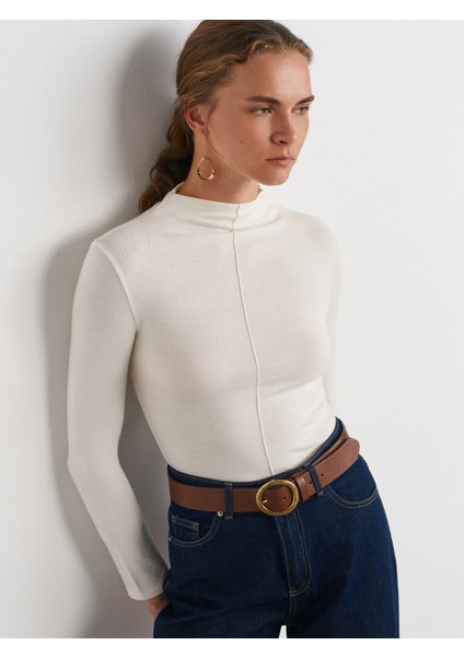 31391 Dik Yaka Uzun Kollu Top-Ekru