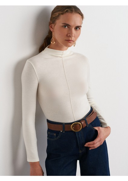 31391 Dik Yaka Uzun Kollu Top-Ekru indirimleri