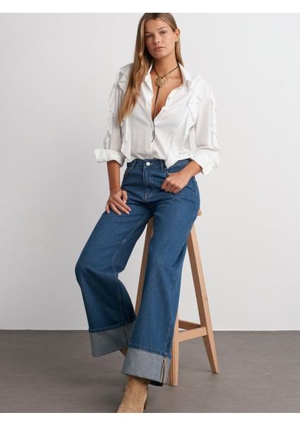 71726 Paçası Kıvrık Geniş Kesim Denim Pantolon-Mavi