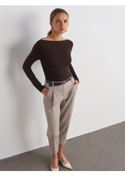 31213 Kayık Yaka Uzun Kollu Top-Koyu Kahve indirimleri