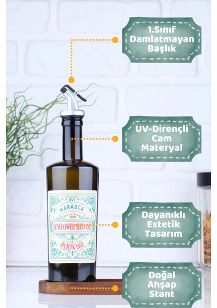 Cara Ahşap Stantlı 2'li Cam Damlatmaz Zeytinyağı ve Ayçiçek Yağı Şişesi 750 ml Yağdanlık Sosluk