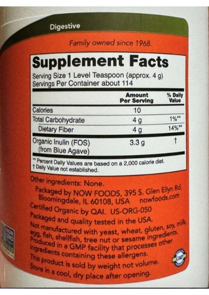Foods Certified Organic Inulin Prebiotic Pure Powder 454 gr