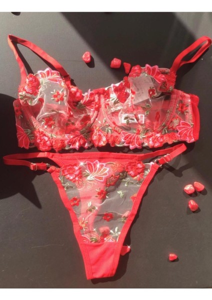 Arona Çiçekli Dantelli Kırmızı Sütyen Takımı /iç Çamaşır Takımı modelleri