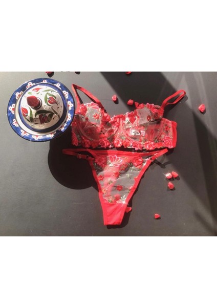 Arona Çiçekli Dantelli Kırmızı Sütyen Takımı /iç Çamaşır Takımı indirimleri