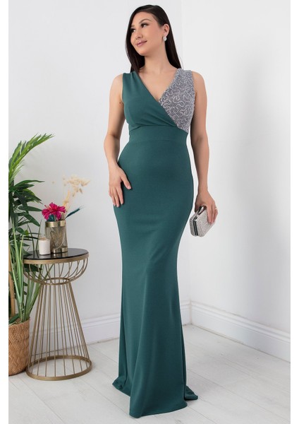 Kruvaze Yaka Uzun Balık Abiye Elbise 13213