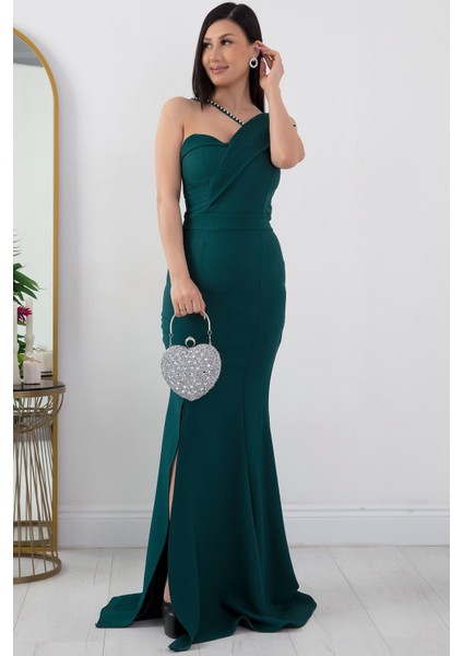 Yırtmaçlı Inci Detaylı Uzun Balık Abiye Elbise 13218