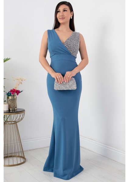 Kruvaze Yaka Uzun Balık Abiye Elbise 13213