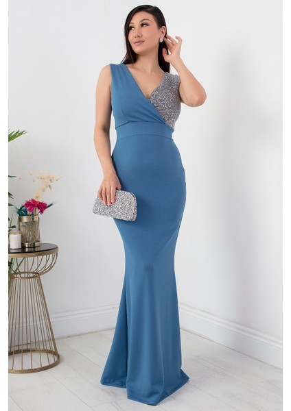Kruvaze Yaka Uzun Balık Abiye Elbise 13213 modelleri