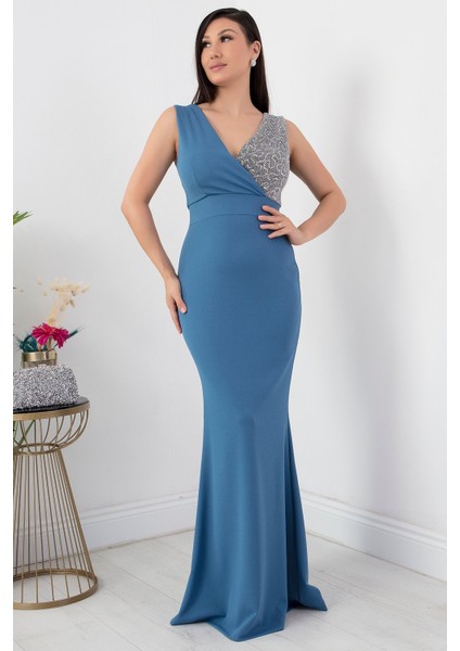 Kruvaze Yaka Uzun Balık Abiye Elbise 13213 indirimleri