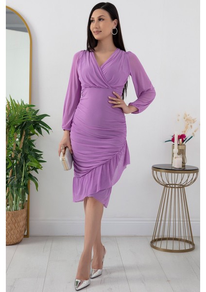 13373 V Yaka Eteği Detaylı Tül Elbise