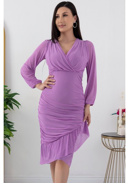 13373 V Yaka Eteği Detaylı Tül Elbise fiyatları