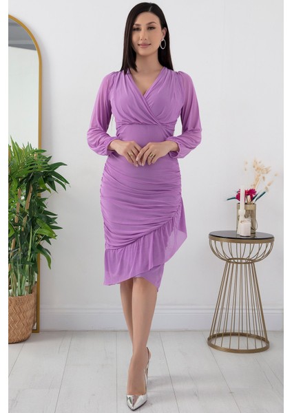 13373 V Yaka Eteği Detaylı Tül Elbise modelleri