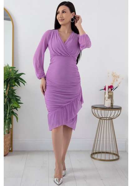 13373 V Yaka Eteği Detaylı Tül Elbise fırsatları