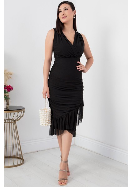Sıfır Kol Eteği Detaylı Kruvaze Yaka Elbise 13392