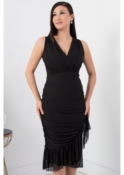 Sıfır Kol Eteği Detaylı Kruvaze Yaka Elbise 13392 fiyatları