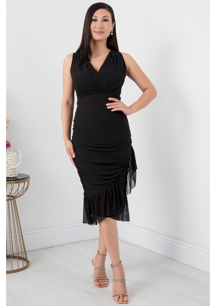 Sıfır Kol Eteği Detaylı Kruvaze Yaka Elbise 13392 modelleri