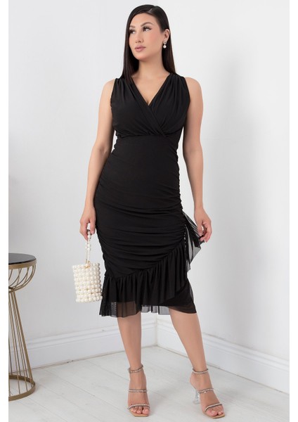 Sıfır Kol Eteği Detaylı Kruvaze Yaka Elbise 13392 fırsatları