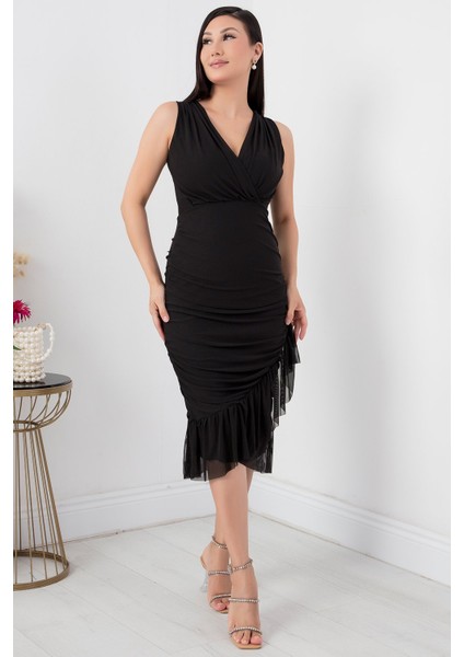 Sıfır Kol Eteği Detaylı Kruvaze Yaka Elbise 13392 indirimleri