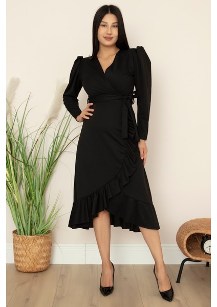 Kruvaze Etek Fırfırlı Kemerli Elbise 22-228