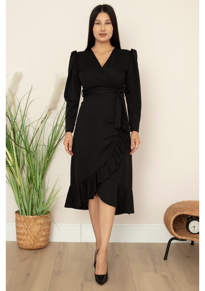 Kruvaze Etek Fırfırlı Kemerli Elbise 22-228 fiyatları