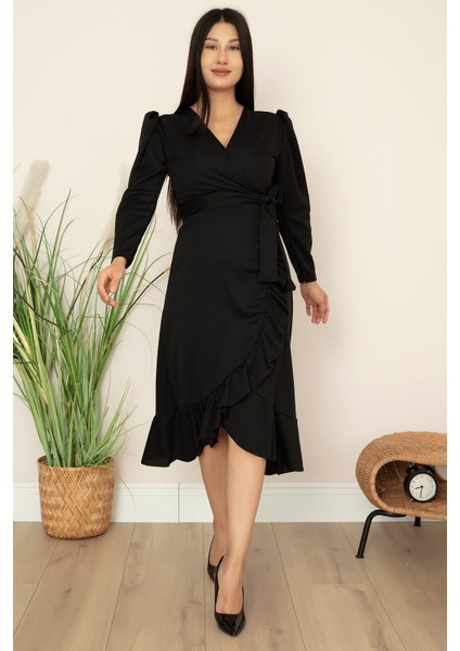 Kruvaze Etek Fırfırlı Kemerli Elbise 22-228 modelleri