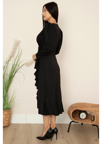 Kruvaze Etek Fırfırlı Kemerli Elbise 22-228 indirimleri