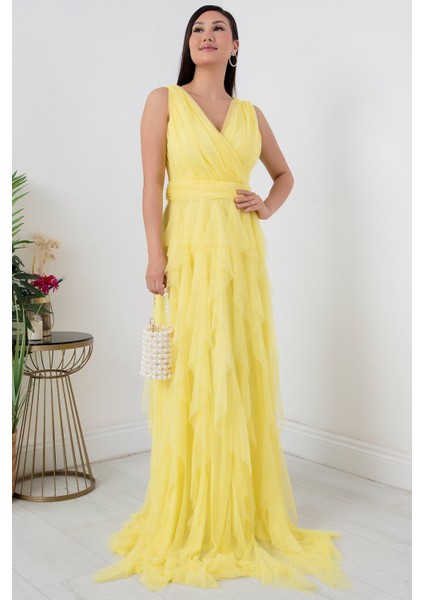 Kruvaze Fırfırlı Uzun Abiye Elbise 13360