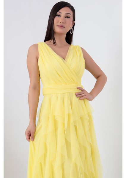 Kruvaze Fırfırlı Uzun Abiye Elbise 13360 fiyatları