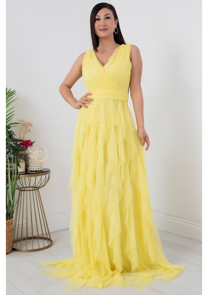 Kruvaze Fırfırlı Uzun Abiye Elbise 13360 modelleri