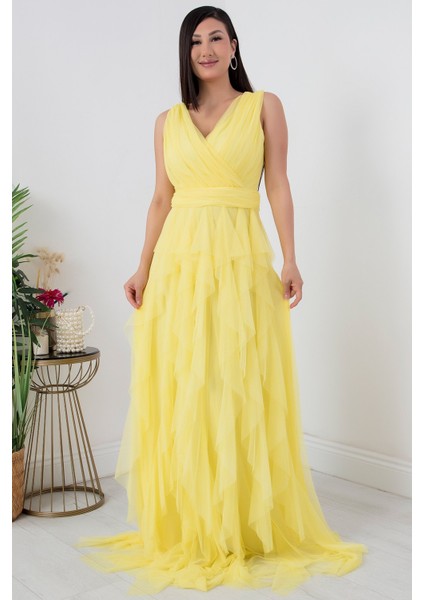 Kruvaze Fırfırlı Uzun Abiye Elbise 13360 fırsatları