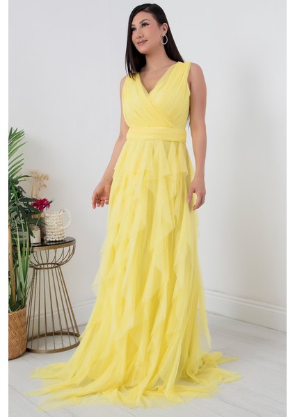 Kruvaze Fırfırlı Uzun Abiye Elbise 13360 indirimleri